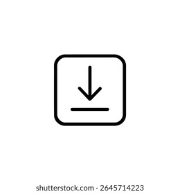 Um quadro quadrado com cantos arredondados que inclui uma seta de download, usando traçados monolínicos precisos de 1,5 px preto. Vetor 2D plano, isolado em branco.