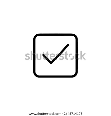 A square frame with rounded corners enclosing a V-shaped checkmark, using precise black 1.5px monoline strokes. Flat 2D vector, isolated on white.