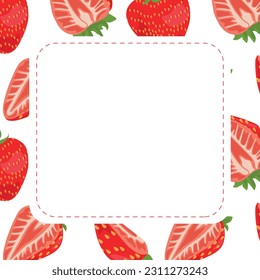 Square frame with rounded corners with a strawberry pattern on the background. Vector illustration. Suitable for print, social media and backdrops.