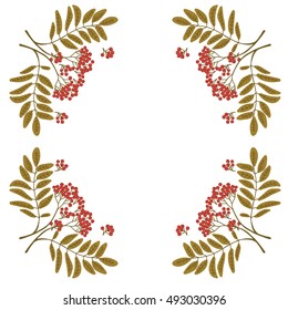 square frame with rowan. Beautiful  hand illustration with branches rowan berry  for text. For labels, invitations, card. Vector illustration.
