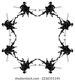 Square frame with running ancient Greek men carrying spears. Black and white negative silhouette. Vase painting style.
