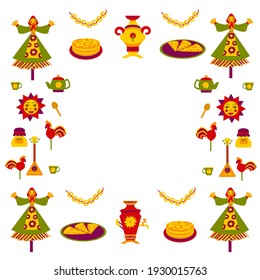 Quadrat Rahmen für die russischen traditionellen Frühlingsferien-Maslenitsa. Eine Reihe heller Elemente: Sonne, Pfannkuchen, Samovar, Lollipop, Wasserkocher. Für Postkarten, Grußkarten, Restaurantmenüs