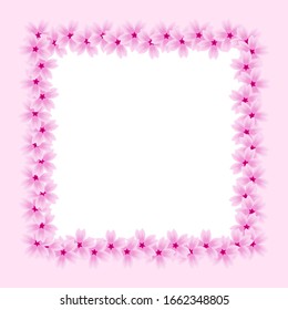 Square frame of sakura flowers. A wreath of pink flowers on a white background. Spring frame for the decoration of the theme of flowering, spring, beauty and Japan. Vector illustration