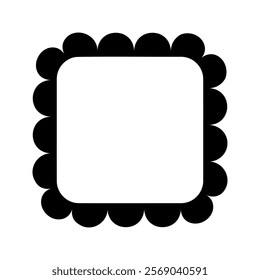 Square frame with scallop borders. Tag, label, text box or sticker template with frilly edges isolated on white background. Photo or mirror vignette. Vector graphic illustration.