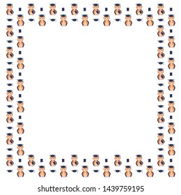 Square frame of scientists owls with textbooks under the wing and without, square academic caps and textbooks with bookmarks on a white background. Education. Vector.