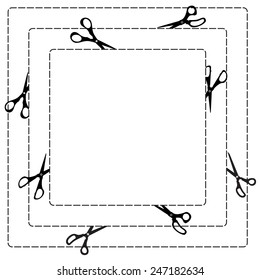 Square frame with scissor, dot line and cut paper for coupon, sticker, tag, advertisement design.