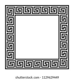 Square frame with seamless meander pattern. Meandros, a decorative border, constructed from continuous lines, shaped into a repeated motif. Greek fret or Greek key. Illustration over white. Vector.
