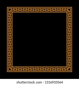 square frame with seamless meander pattern. greek fret repeated motif. orange meandros decorative vector border on black background. classic ancient ornament. greek key