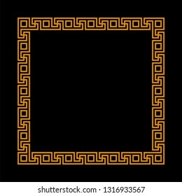 square frame with seamless meander pattern. greek fret repeated motif. meandros decorative vector border. simple black background with orange frame. classic ornament. greek key