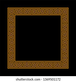 square frame with seamless meander pattern. greek fret repeated motif. meandros decorative vector frame.  simple black background with orange border. classic ornament. greek key