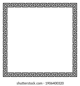 Square frame with seamless winding pattern. Meandros, decorative frames, are built from continuous lines, formed into repeated motifs. Greek fret or Greek key. Vector illustration.