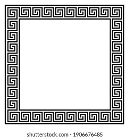 Square frame with seamless winding pattern. Meandros, decorative frames, are built from continuous lines, formed into repeated motifs. Greek fret or Greek key. Vector illustration.