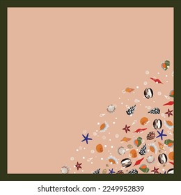 Square Frame with Seashell Illustration for Hijab or Bandana Pattern Design