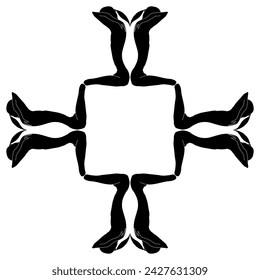 Quadratischer Rahmen mit sitzenden indischen Männern mit Pferdeschwanz. Schwarz-Weiß-Silhouette.