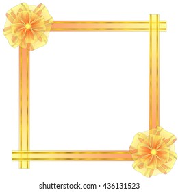 Square Frame from Semitransparent Organza Fabric with Bows and Golden Textured Stripes.Vector. 
