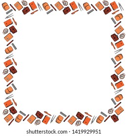 Square frame for September 1 from pencils, pens, compasses, alarm clocks, notebooks, textbooks, backpacks and backpacks on a white background. Vector.