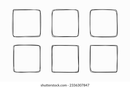 Square frame set. Square borders vector collection. Hand drawn squares sketches isolated on white background. Graphic design elements. Linear frames vector illustration