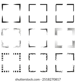 Square frame set. Decorative corner design. Rough brush edges. Minimal vector border.