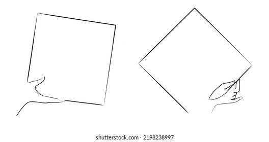 square frame set with hand holding and sketching - One line  ink art