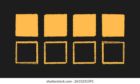 Square frame set in mixed styles. Includes rough brush grunge shapes and hand drawn crayon scribble squares. Messy and textured sketch pack. Vector illustration.