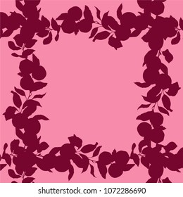 Square frame with silhouette of lemon, lime citrus tree branches in bordo and pink colors. Branches have leaves and fruits