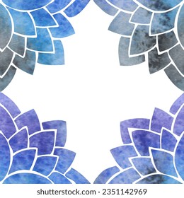 Quadrat mit Silhouetten aus blauen und violetten Lotusblütenblättern, ethnisch-orientalisches nahtloses Muster mit Aquarellstruktur