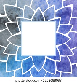 Square frame with silhouettes of blue and purple flower petals, floral pattern with watercolor texture and white blank