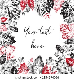Square frame of silhouettes of leaves. Black and red leaf prints are located around the space for the inscription.