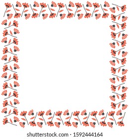 Square frame from simple hand-drawn black and red abstract flowers with and without stems in Scandinavian style on a white background. Vector.