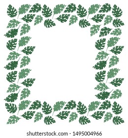 A square frame of simple leaf monstera in the Scandinavian style on a white background. Vector template for text.