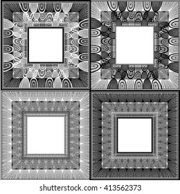 Square frame with simple ornament, zentangle or doodle style in black and white. 