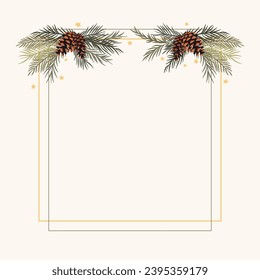 Square frame in a simple style. Botanical pattern with fir, pine and spruce branches. Elements to be used for invitations, Christmas greetings, Christmas or New Year cards.