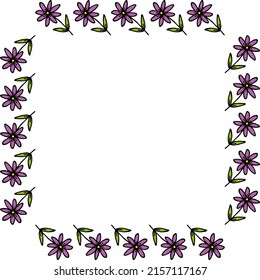 Square frame with simple violet flower on white background. Vector image.