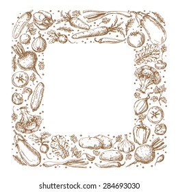 Square frame with  sketch of vegetables and  spices set. 