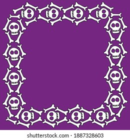 Square frame with skulls and bones. Theme of Day of the Dead and death. Vector border, background of Halloween