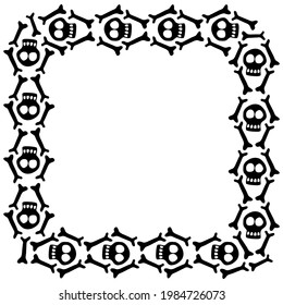 Square frame with skulls and bones. Theme of Day of the Dead and death. Vector border, background of Halloween