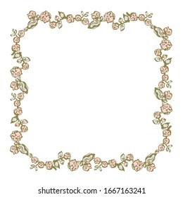 A square frame of small pink flowers and leaves. Vector illustration. On white background. Hand drawn.