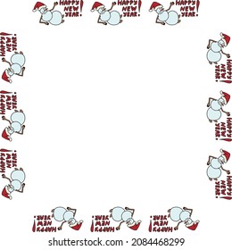 Square frame with snowman with text Happy New Year on white background. Vector image.