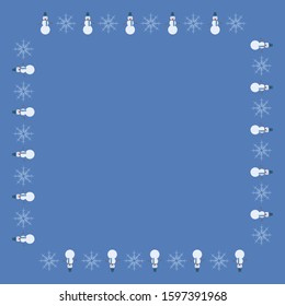 Square frame with snowmen and snowflakes on blue background. Vector image. 