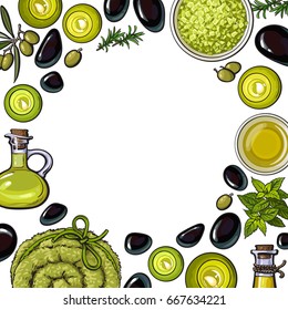 Square frame of spa accessories - candles, towel, stones, massage oil - with round place for text, sketch vector illustration on white background. Square frame, banner, label with spa accessories