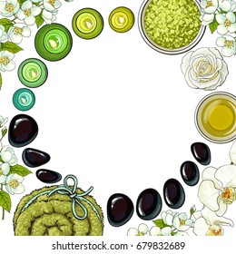 Square frame of spa accessories - candles, towel, stones, massage oil - with round place for text, sketch vector illustration on white background. Square frame, banner, label with spa accessories