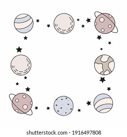 Square frame with space planets and stars. Frame for the inscription. The day of the first manned flight into space. Vector illustration in the doodle style.