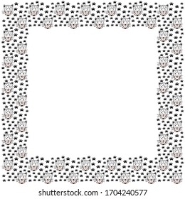 A square frame of spotty portraits of cute leopards with pink cheeks and collars on shirts and footprints. Children's funny hand-drawn template for text in scandinavian style. White background. Vector