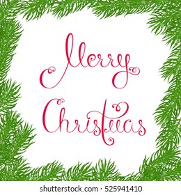 Square frame with sprigs of spruce, covered with snow and delicate snowflakes with Merry Christmas greetings in red on a white background. Isolated. Card. Hand drawn vector illustration