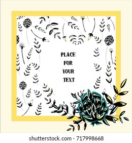 Square frame with spring flowers with leaves with place for your text in the middle Vector illustration on light yellow background