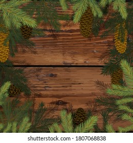 Square frame of spruce twigs. Old boards. Vector illustration