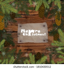 Square frame of spruce twigs. Old boards. Vector illustration