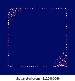Square Frame of Stars Confetti in White, Blue, Red, Navy Colors. USA Memorial Day Pattern Design. Veteran Day Texture. Screen, Cover Stars Background.