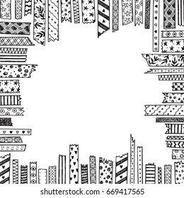 Square frame of Strips Masking Tape. Hand Drawn Doodle Sticky tape. Scotch pattern. Black and white Adhesive tape. Patchwork. Scrapbook