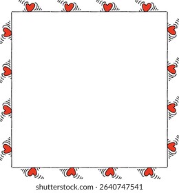 Square frame with stylish red hearts on white background. Vector image.